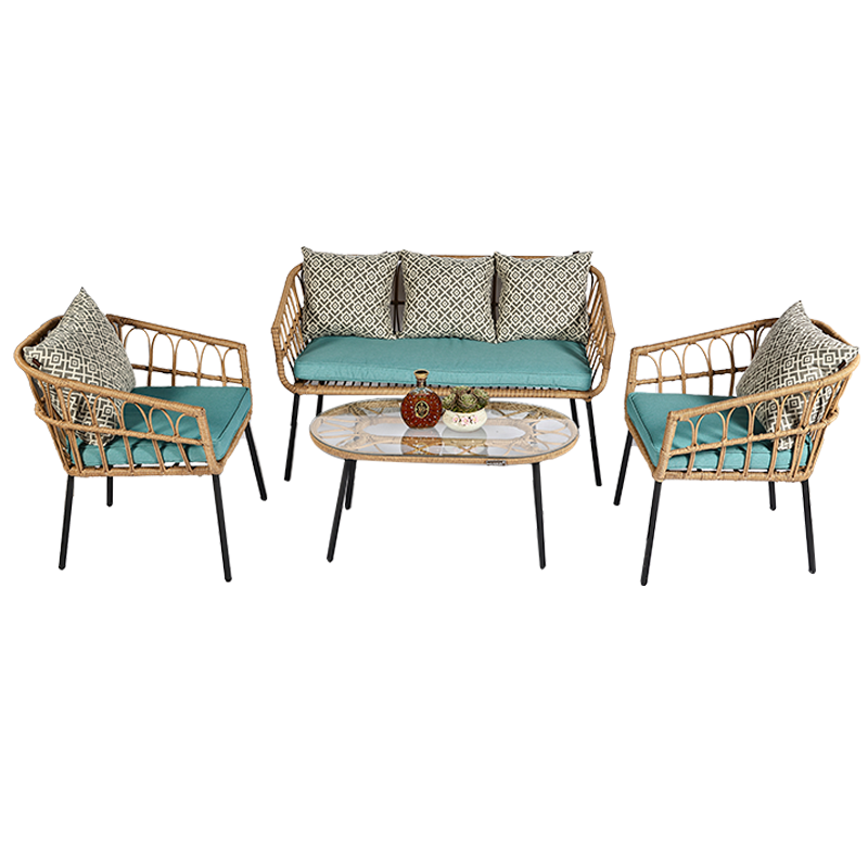 Cadeiras de pátio oco de vime redondo de 4 peças, conjunto de mesa e cadeiras de pátio ao ar livre